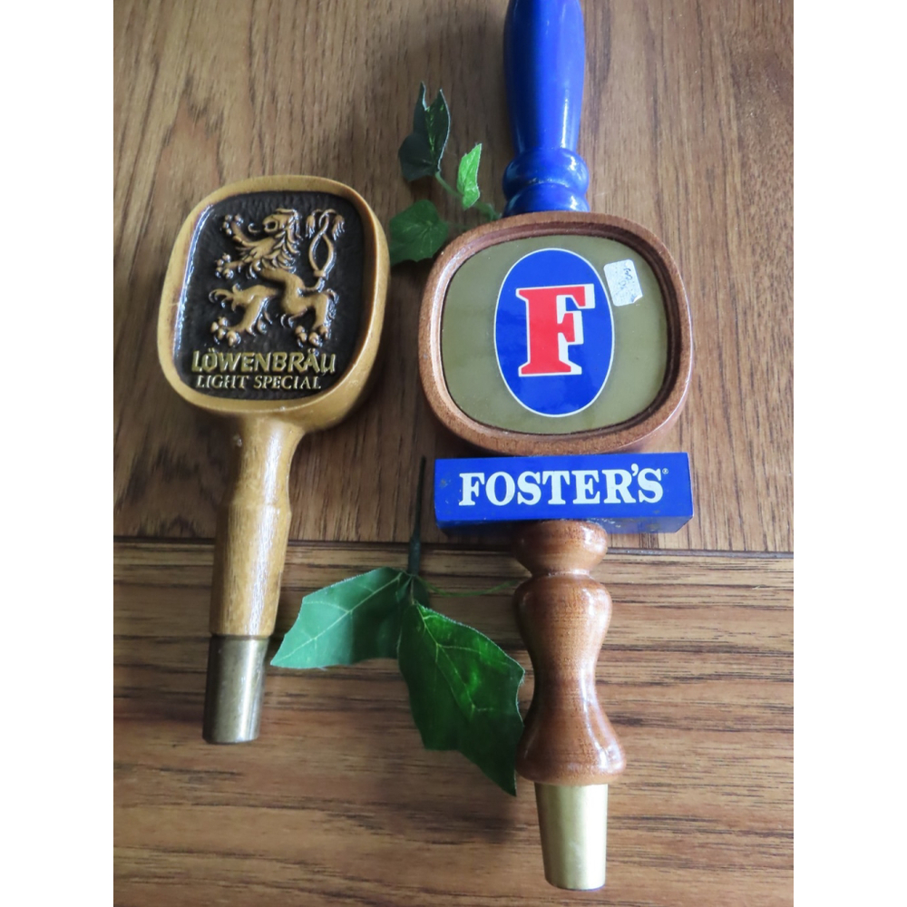 Vintage Foster's Lowenbrau Light Special Beer Tap Handles 7.5 13" MAN Cave Wood